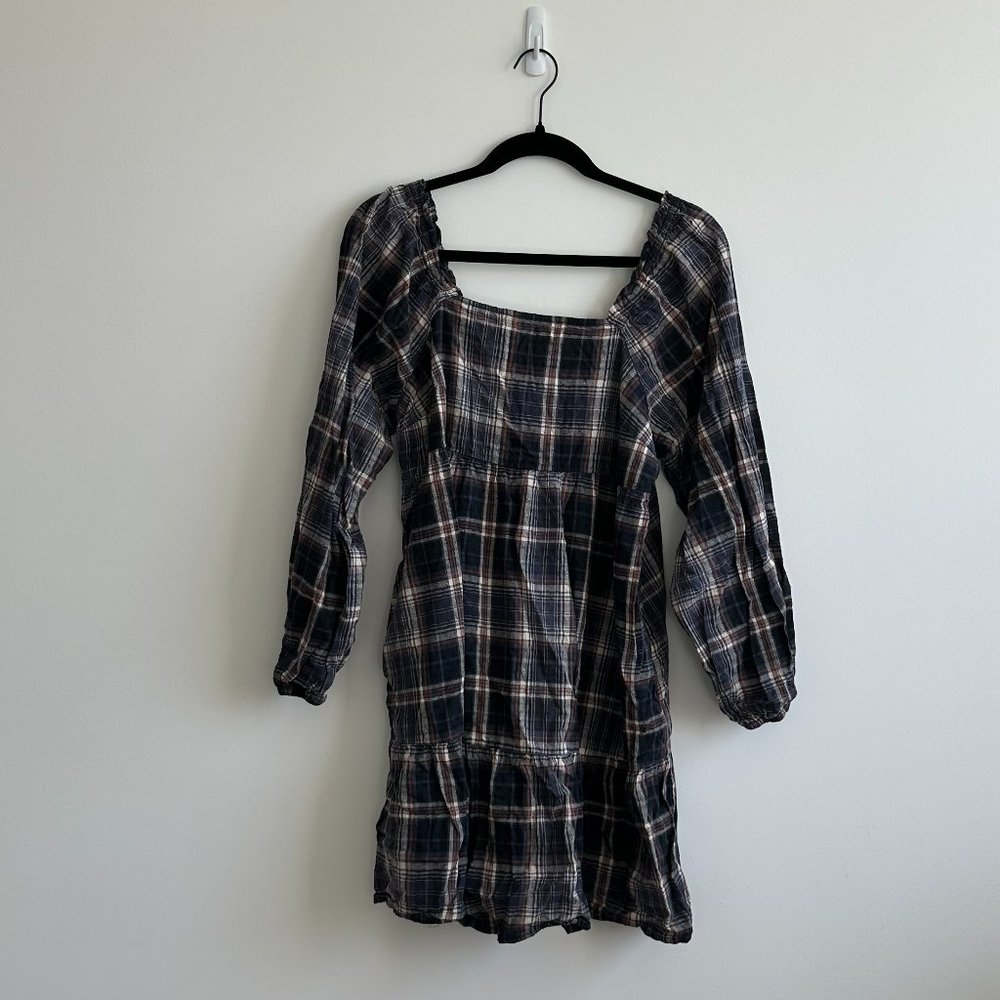 Universal Thread Long Sleeve Checkered Eyelet Print Mini Dress with Pockets Sz L